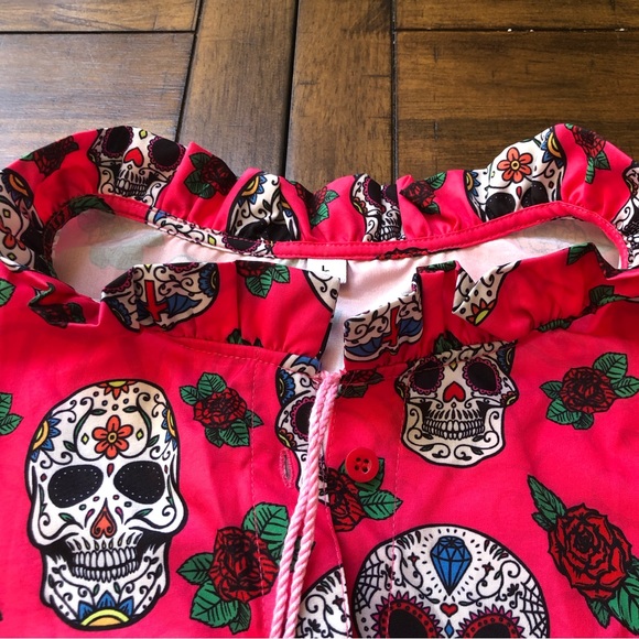 Candy Skull Bright Hot Pink Prairie Cottage Style Maxi Dress size L - Picture 6 of 12